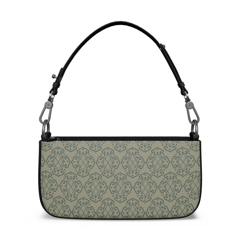 Gothic Scroll Green Ivory Leather Zip Box Bag