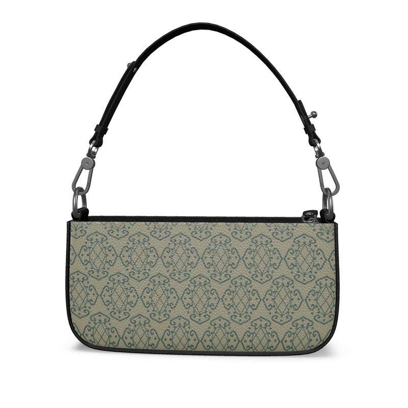 Gothic Scroll Green Ivory Leather Zip Box Bag