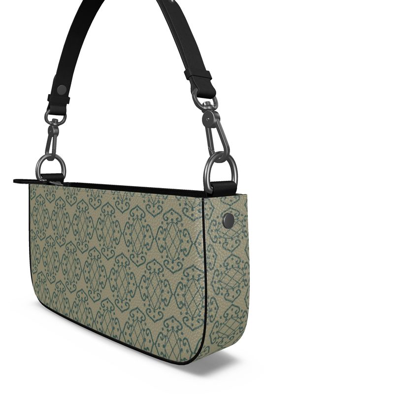 Gothic Scroll Green Ivory Leather Zip Box Bag