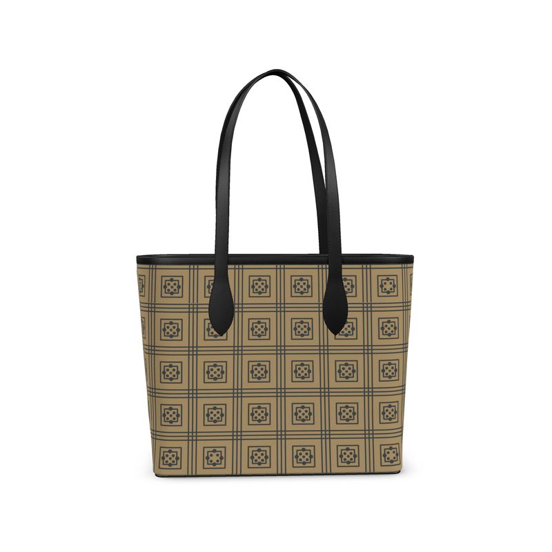 Taupe Geometric Tile Leather City Shopper Medieval Cloister Pattern