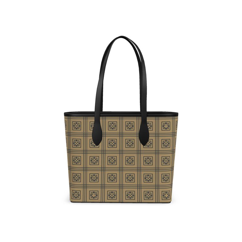 Taupe Geometric Tile Leather City Shopper Medieval Cloister Pattern