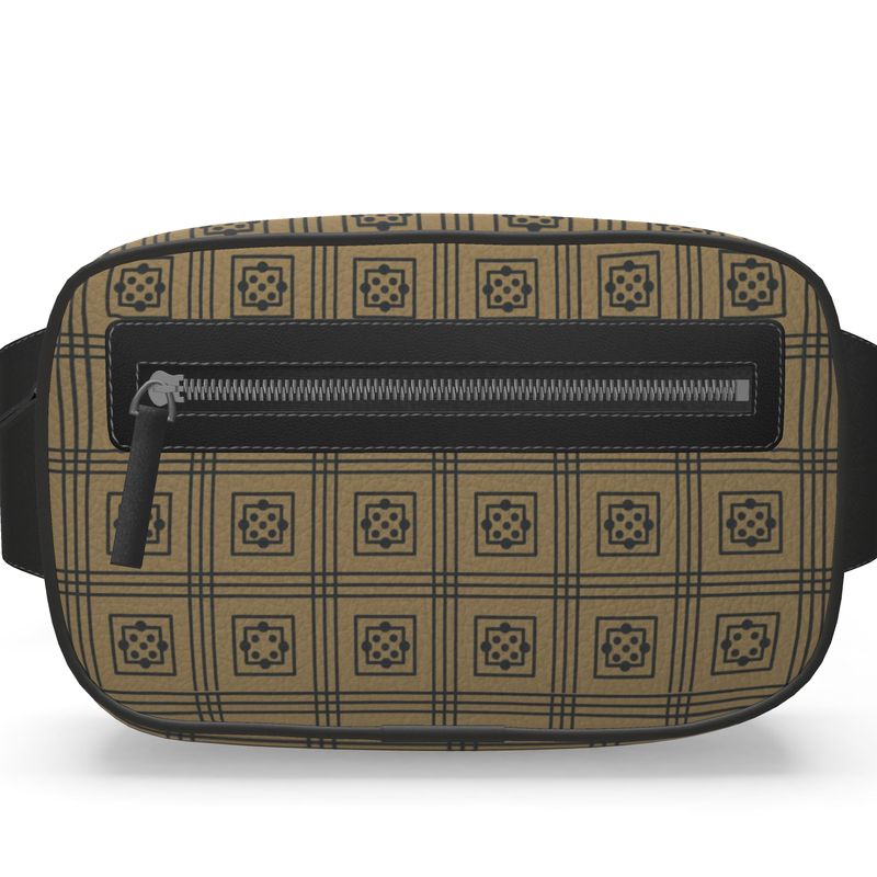 Taupe Geometric Tile Leather Belt Bag Medieval Cloister Pattern