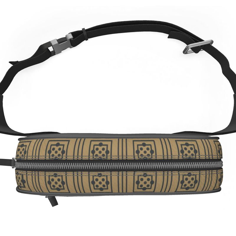 Taupe Geometric Tile Leather Belt Bag Medieval Cloister Pattern