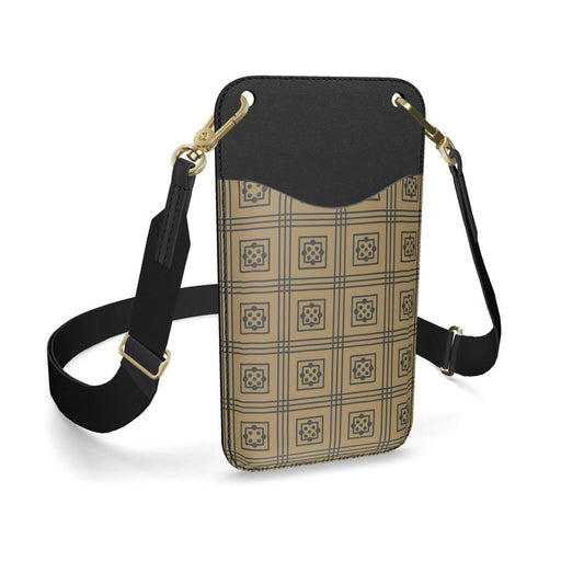 Taupe Geometric Tile Leather Phone Case with Strap Medieval Cloister P