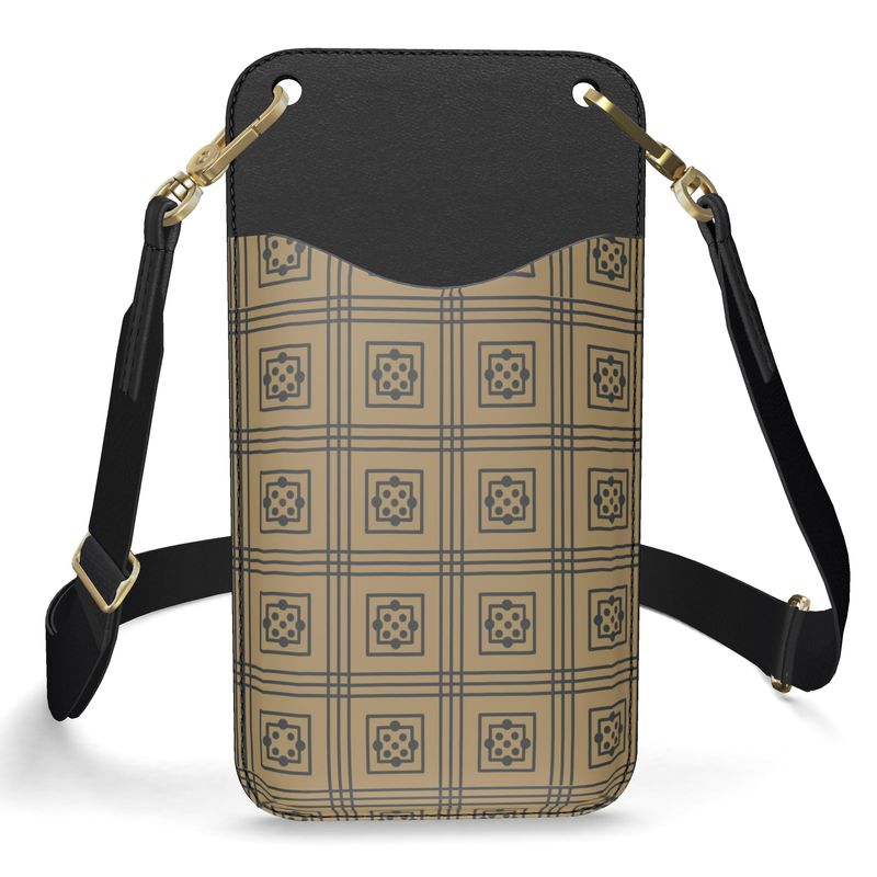Taupe Geometric Tile Leather Phone Case with Strap Medieval Cloister P