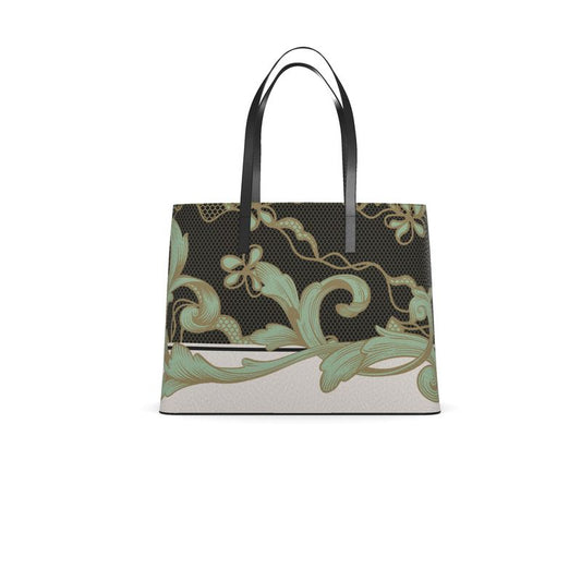 Lace Celadon and Gold Scroll Kika Leather Tote
