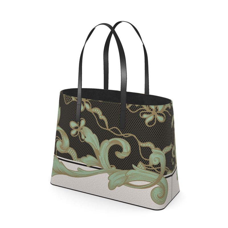 Lace Celadon and Gold Scroll Kika Leather Tote