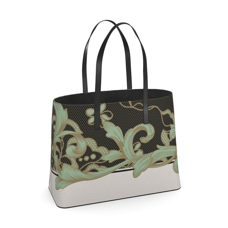 Lace Celadon and Gold Scroll Kika Leather Tote