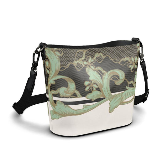 Lace Celadon and Gold Scroll Penzance Large Leather Bucket Tote