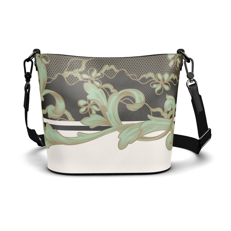 Lace Celadon and Gold Scroll Penzance Large Leather Bucket Tote