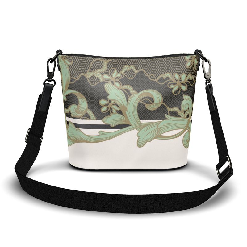 Lace Celadon and Gold Scroll Penzance Large Leather Bucket Tote