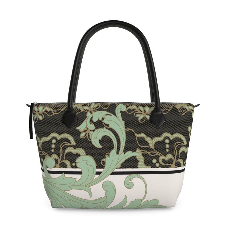 Lace Celadon and Gold Scroll Zip Top Handbag