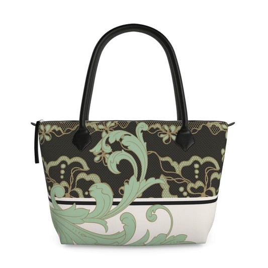 Lace Celadon and Gold Scroll Zip Top Handbag