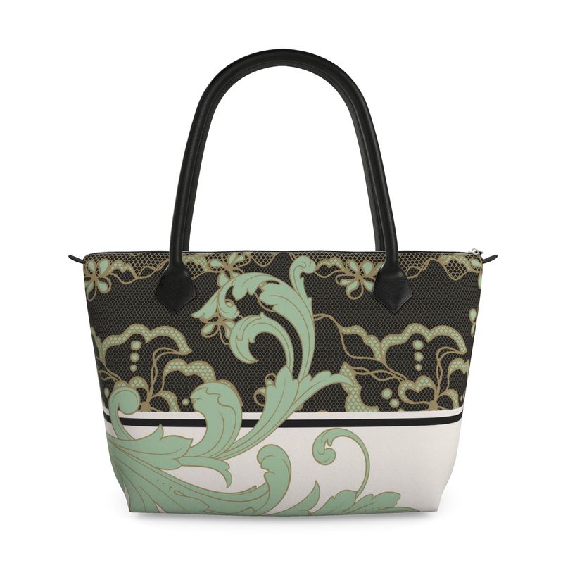Lace Celadon and Gold Scroll Zip Top Handbag