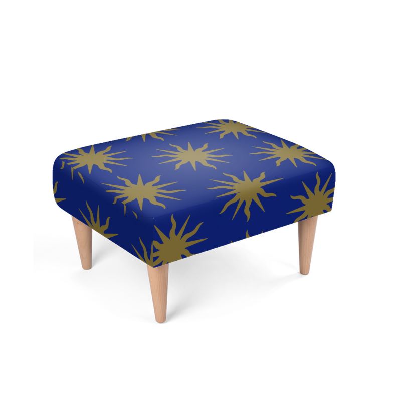 Gothic Bronze Sun Motif Blue Velour Footstool Ottoman