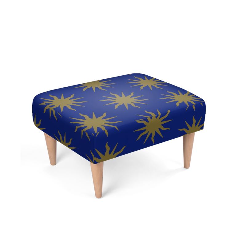 Gothic Bronze Sun Motif Blue Velour Footstool Ottoman