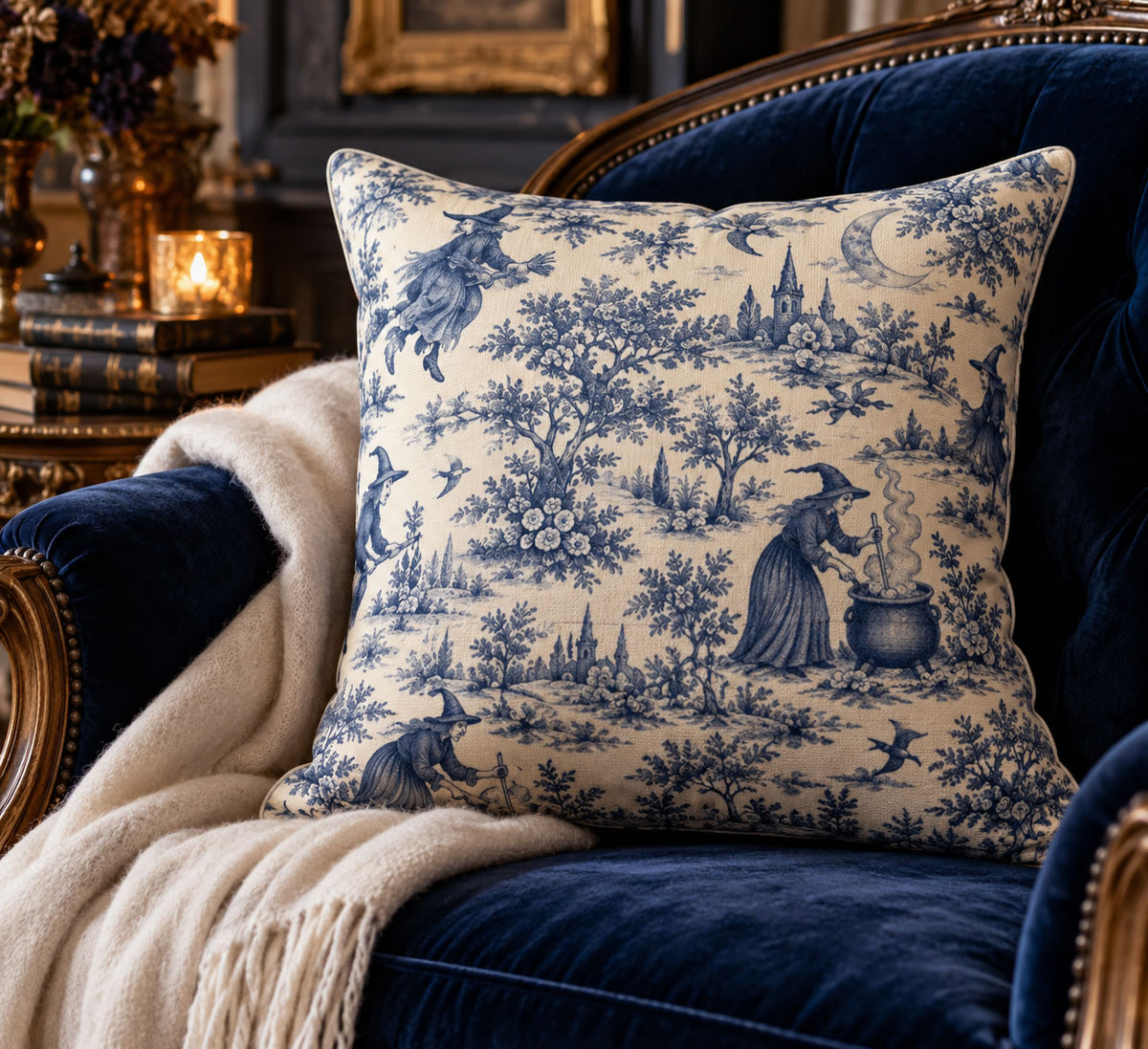 Blue Witching Hour toile cushion styled in a luxurious velvet parlor interior