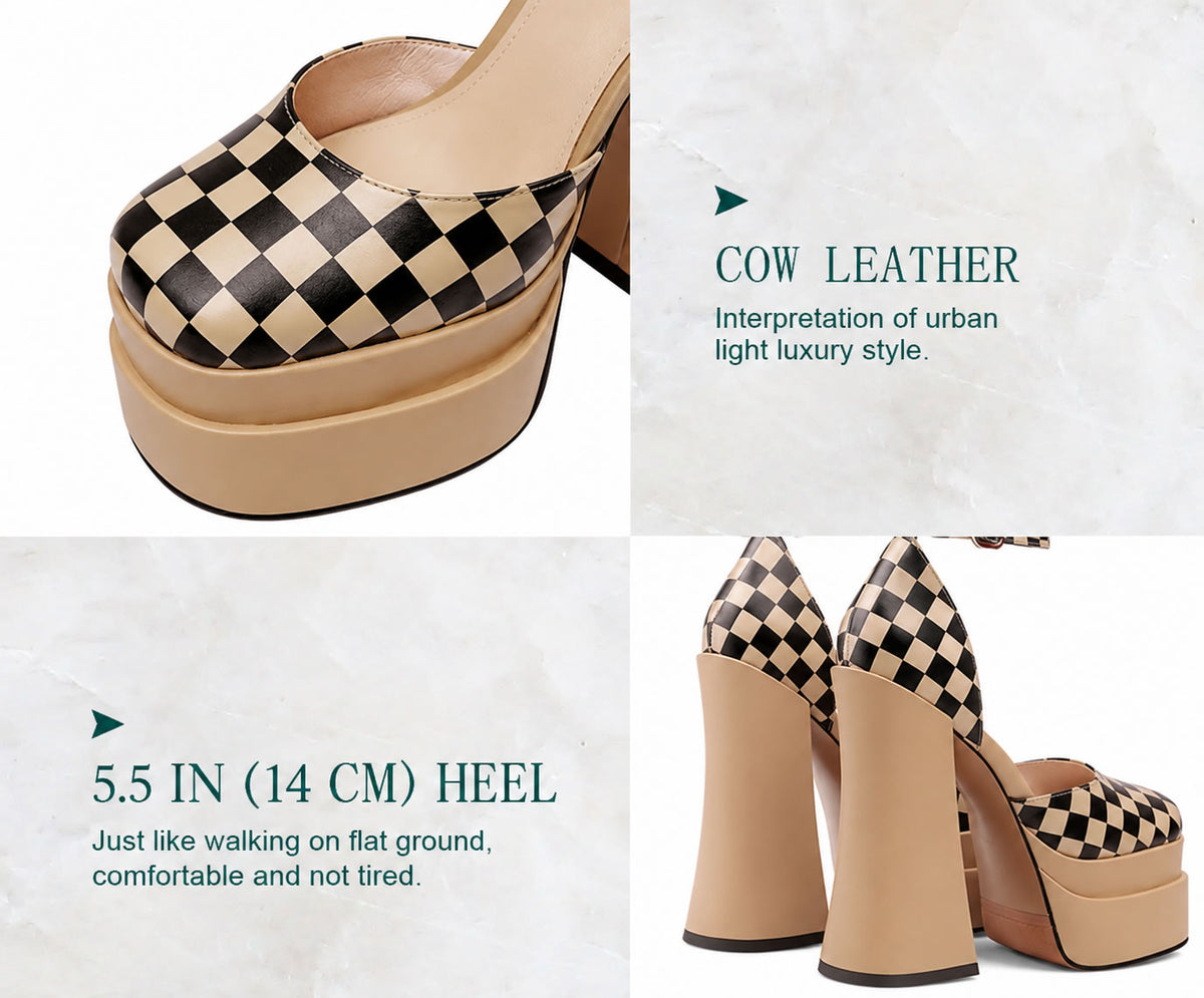 Checkerboard leather platform heels with 5.5-inch chunky heel and apricot beige platform