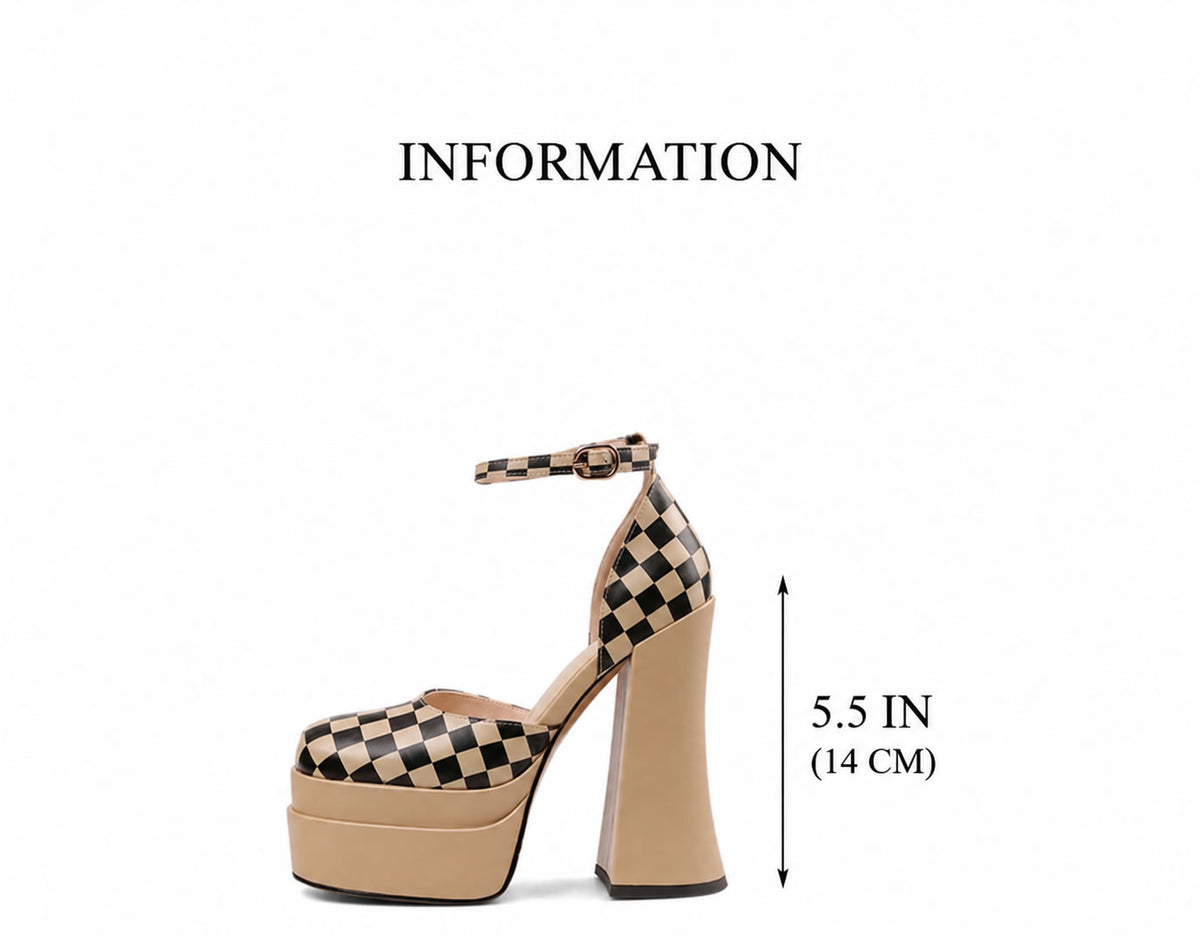 Checkerboard leather platform pump showing 5.5-inch heel height