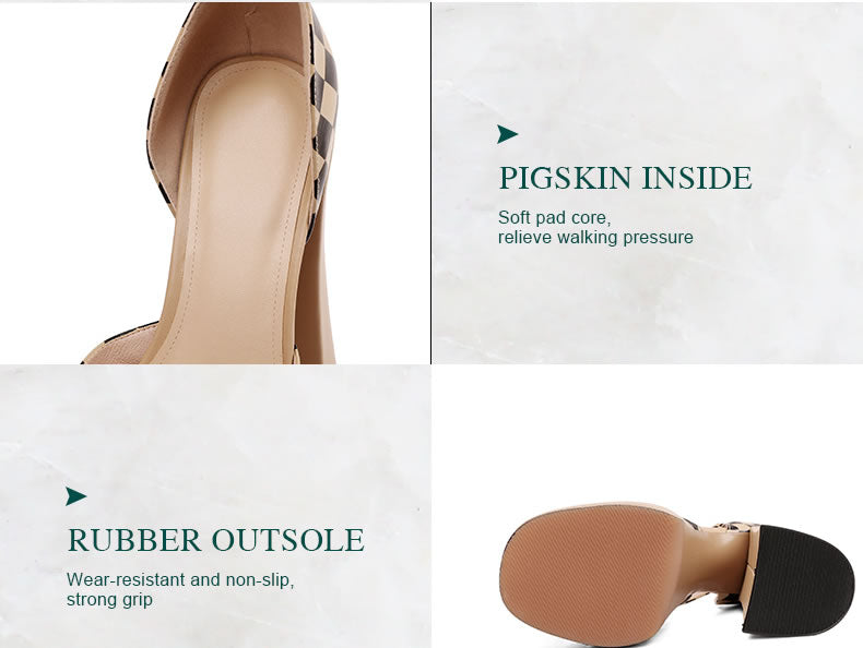 Checkerboard leather platform heels showing cushioned insole and rubber outsole