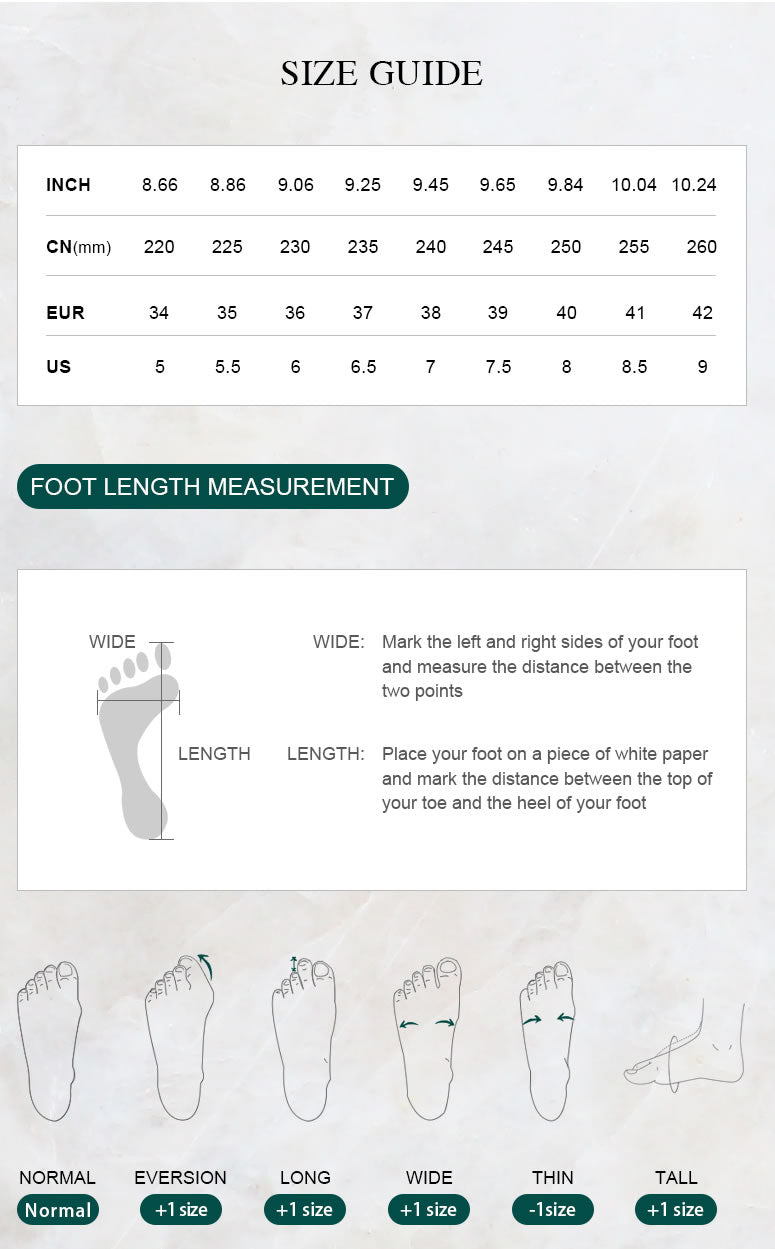 Platform heel size guide with US and European sizes, foot length measurements, and fit recommendations