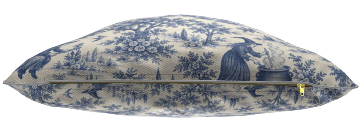 Blue Witching Hour toile cushion shown in Archway Brushed Twill fabric with zip detail