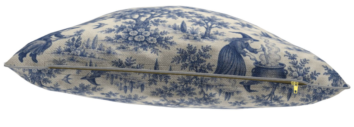 Blue Witching Hour toile cushion shown in Cotton-Linen fabric with zip detail