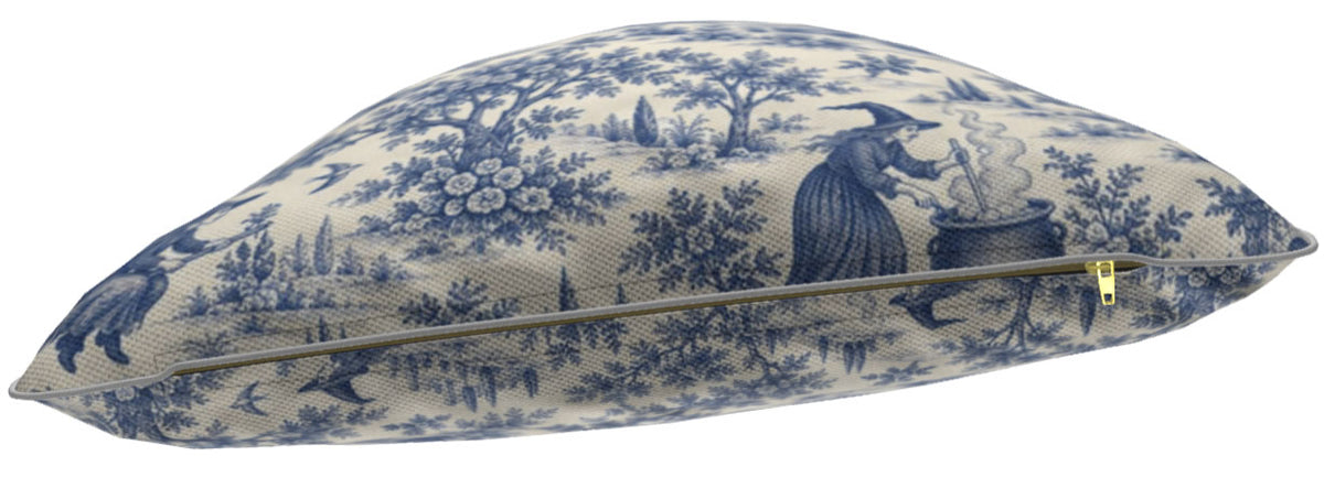 Blue Witching Hour toile cushion shown in Frontier Waterproof Outdoor Canvas fabric with zip detail