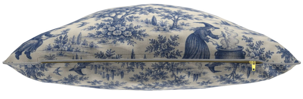 Blue Witching Hour toile cushion shown in Mayfair Herringbone fabric with zip detail