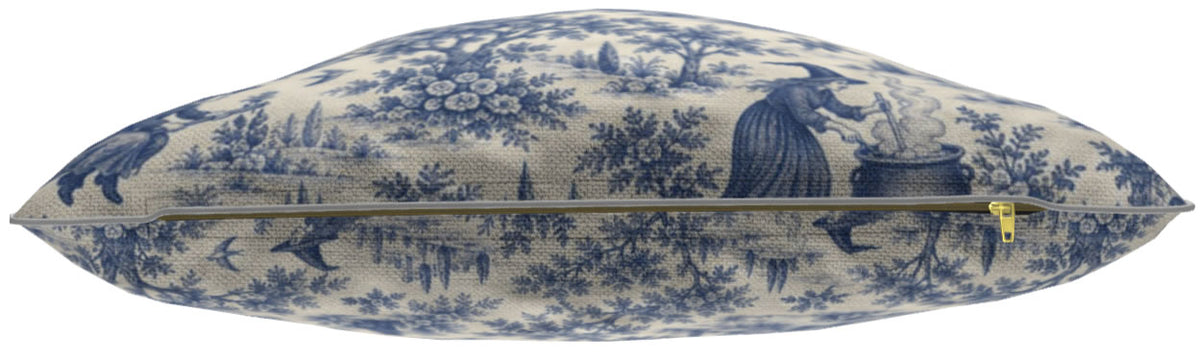 Blue Witching Hour toile cushion shown in Merrimack Performance Linen Look fabric with zip detail