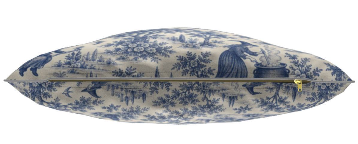 Blue Witching Hour toile cushion shown in Soft Velvet fabric with zip detail