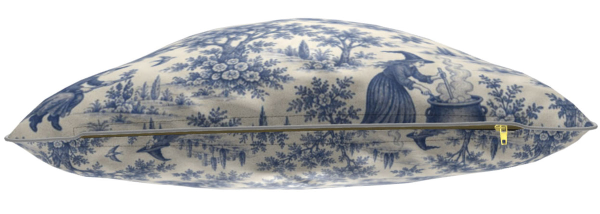 Blue Witching Hour toile cushion shown in Velvet Shimmer fabric with zip detail