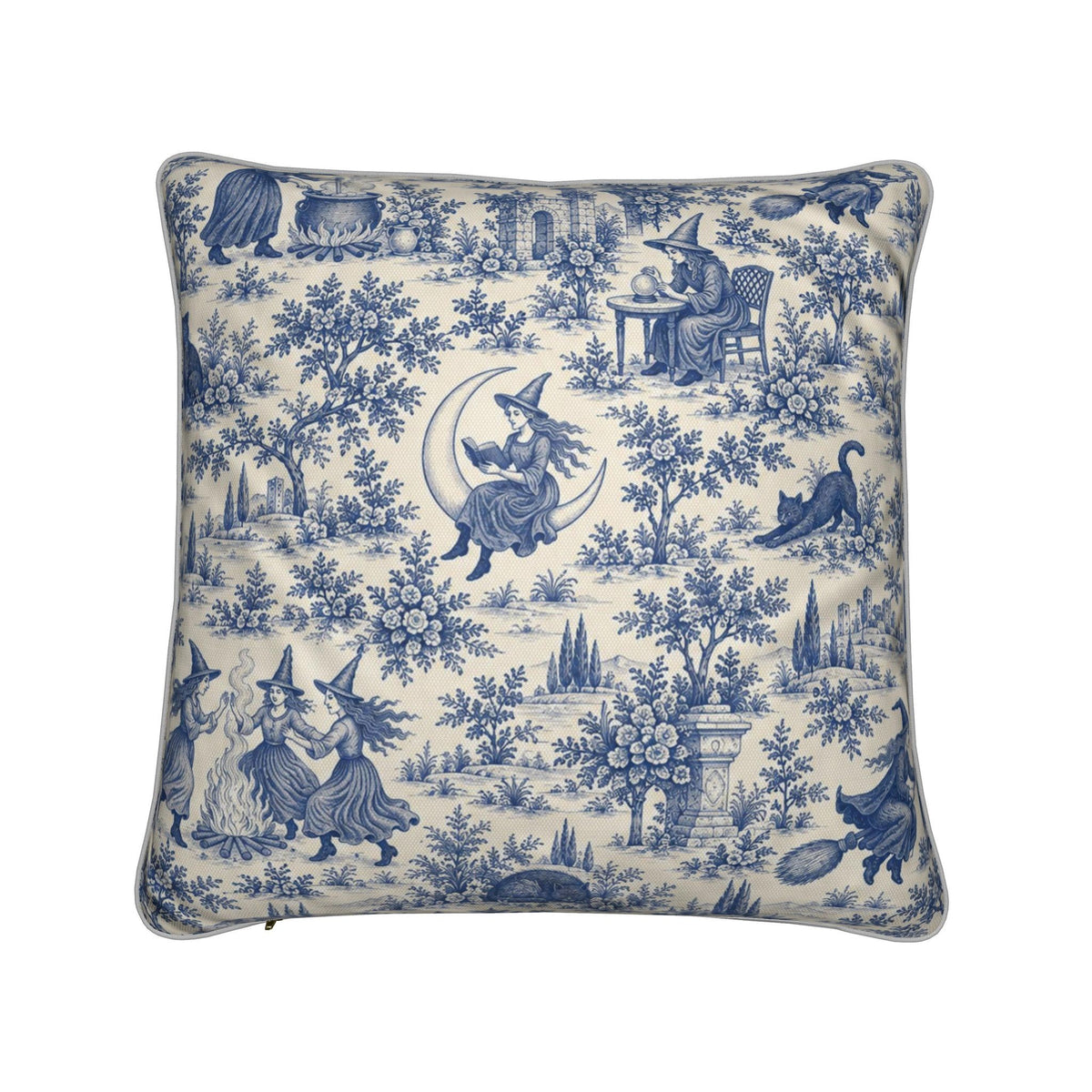 Back view of blue Witching Hour scenic toile luxury cushion with coordinating Gothic pastoral print
