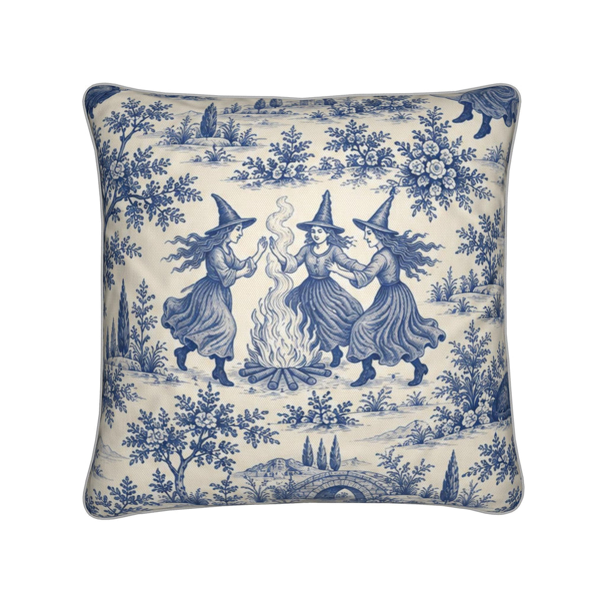 Blue Witching Hour scenic toile luxury cushion with witches in a Gothic pastoral design