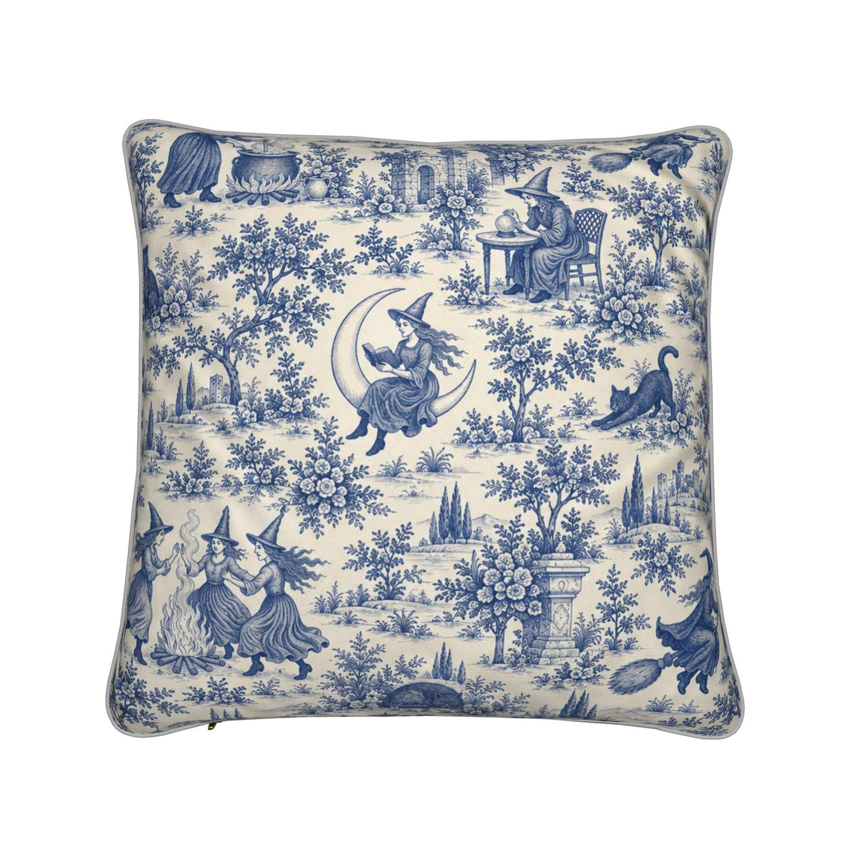 Back view of blue Witching Hour scenic toile square cushion with coordinating Gothic pastoral print