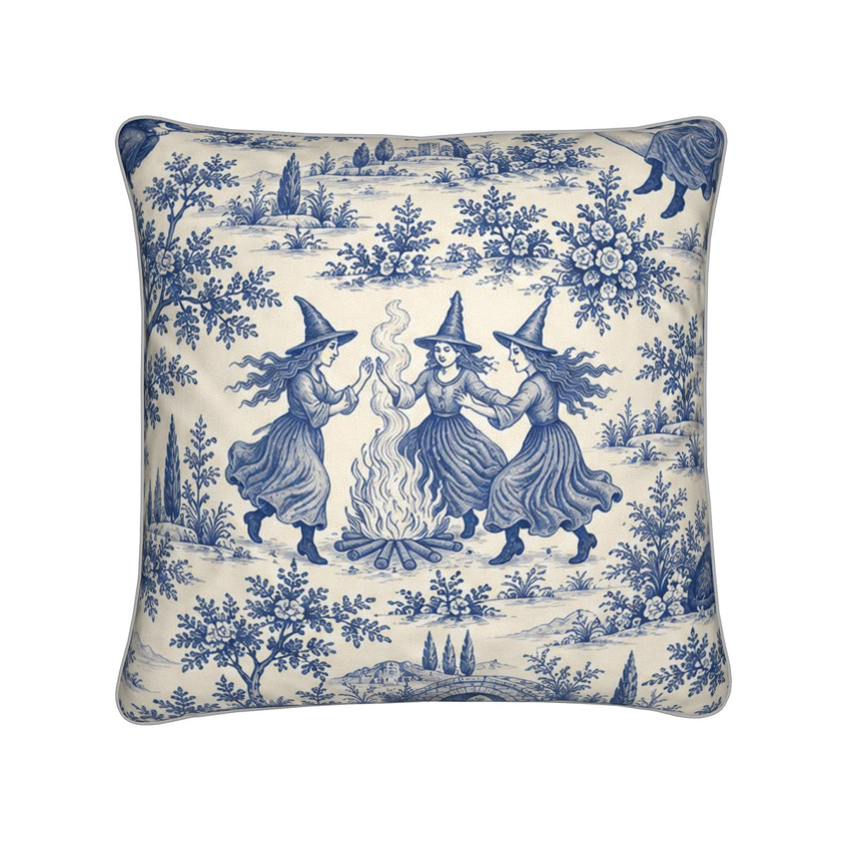 Front view of blue Witching Hour scenic toile square cushion with Gothic witch design