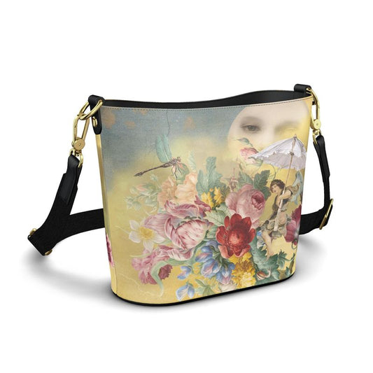 Flying to the Moon with an Umbrella Fantasy Bucket Tote Leather Handbag