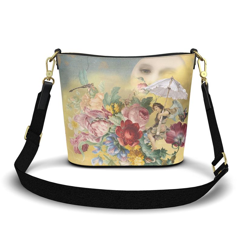 Flying to the Moon with an Umbrella Fantasy Bucket Tote Leather Handbag