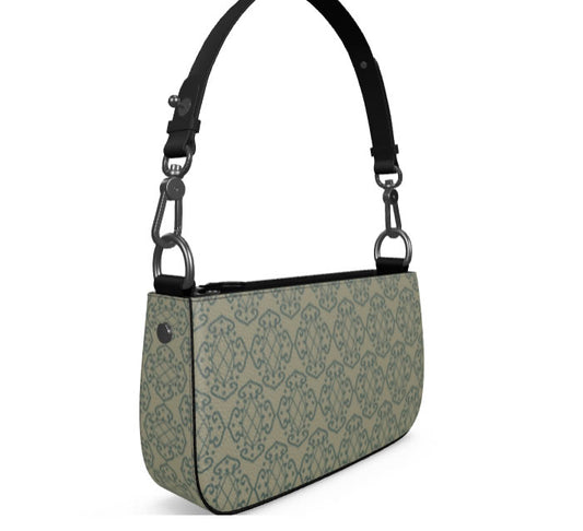 Gothic Scroll Green Ivory Leather Zip Box Bag